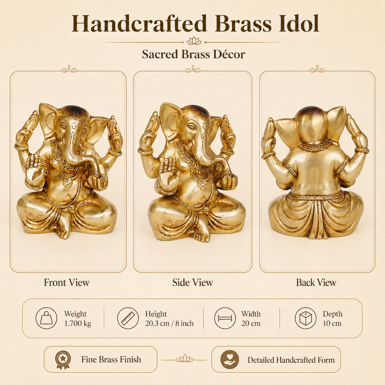 Brass Ganesha Idol - 8 inch