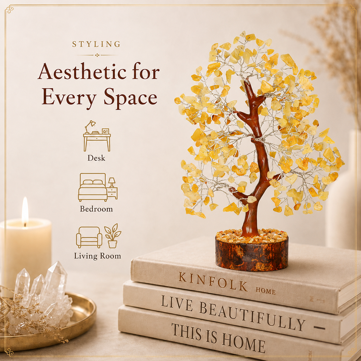 Yellow Aventurine Crystal Wooden Tree for Confidence & Abundance