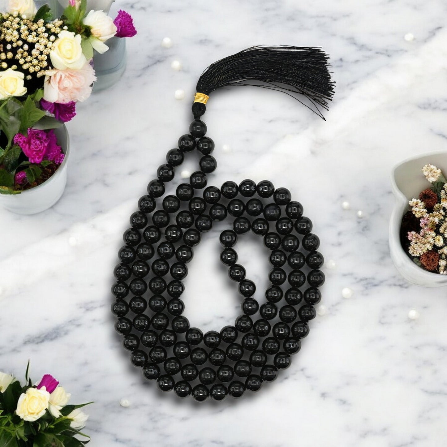 Black Tourmaline Quartz Gemstone Japa Mala Necklace