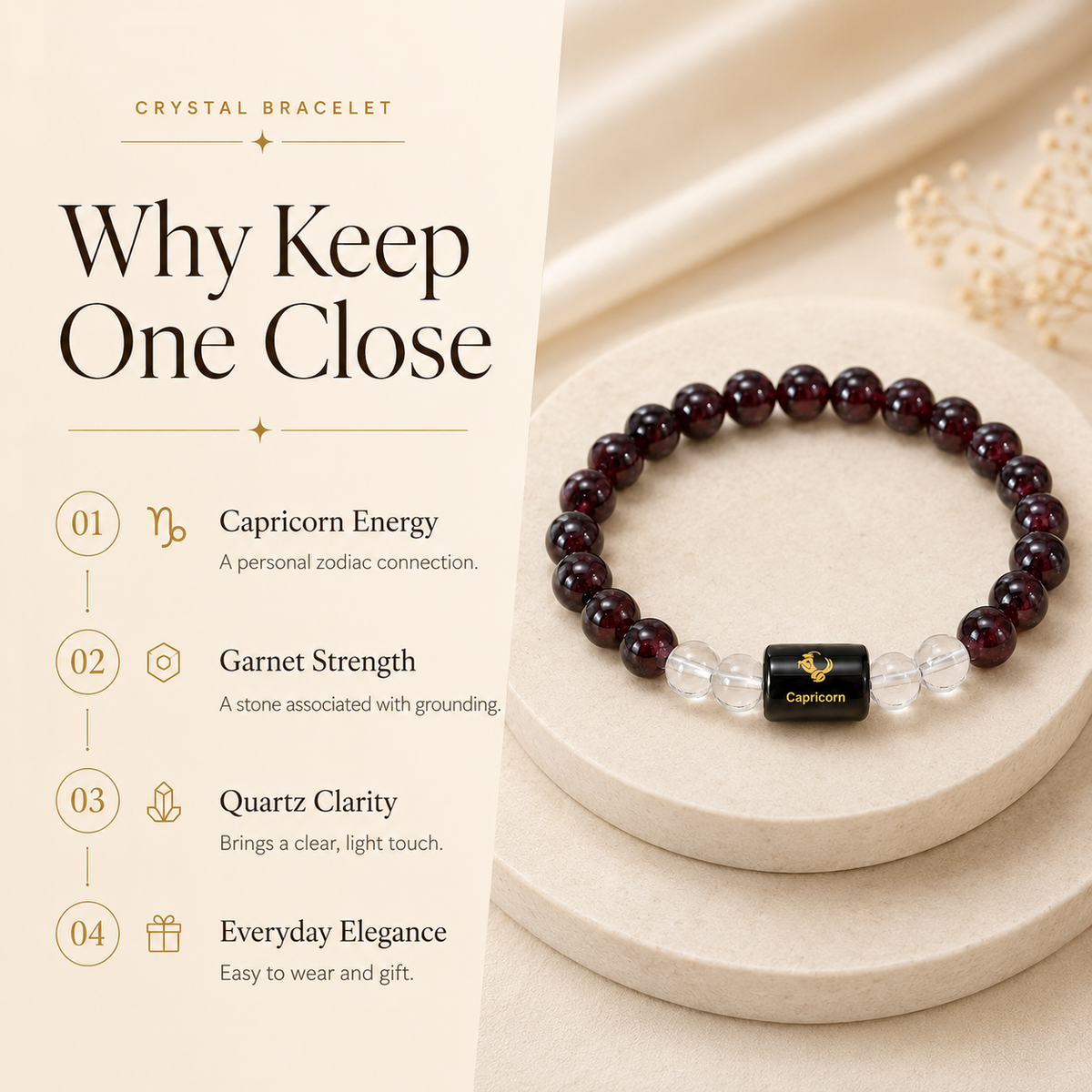 Capricorn Zodiac Bracelet with Garnet & Clear Quartz