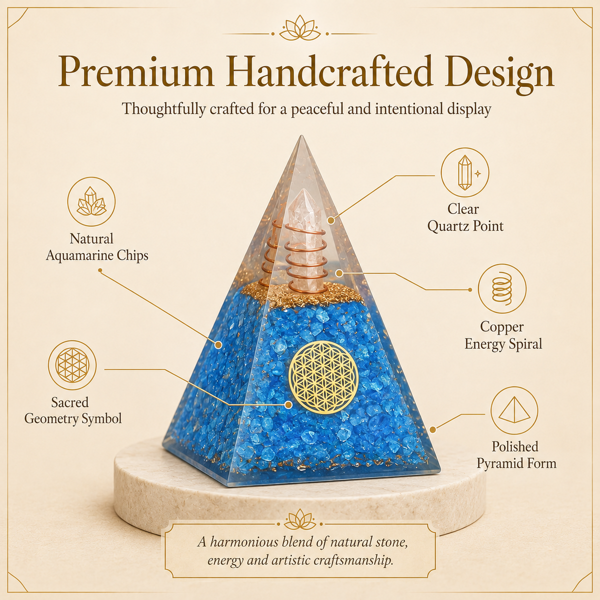 Aquamarine Healing Crystal Handmade Orgonite Pyramid For Yoga & Chakra Balancing