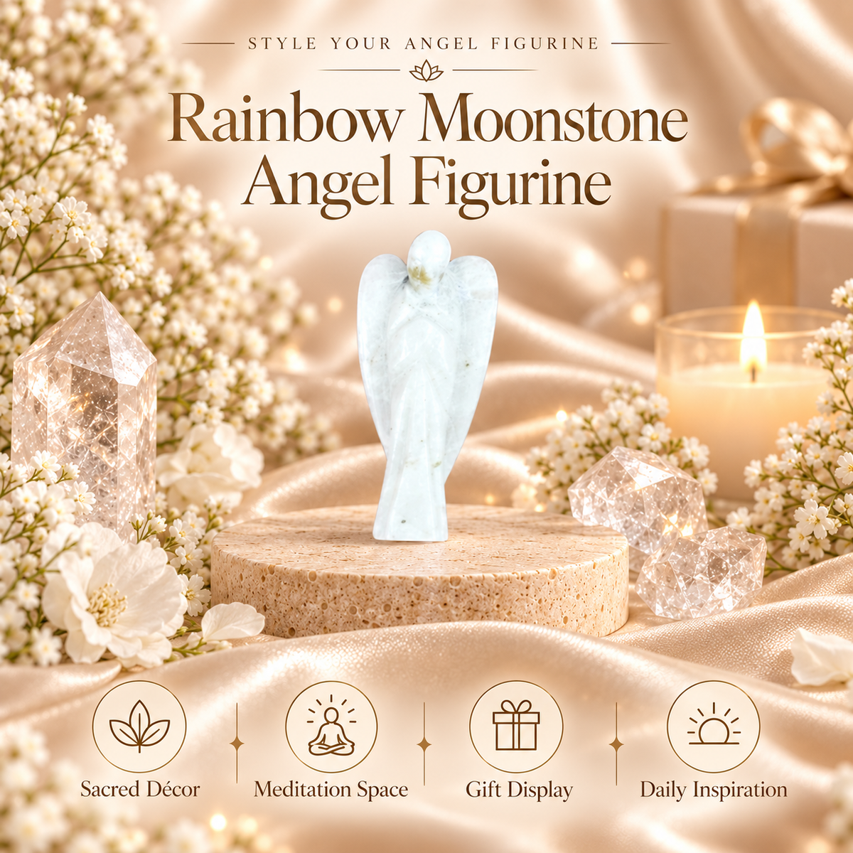 Rainbow Moonstone Angel Figurine for Intuition, Protection, and Emotional Balance