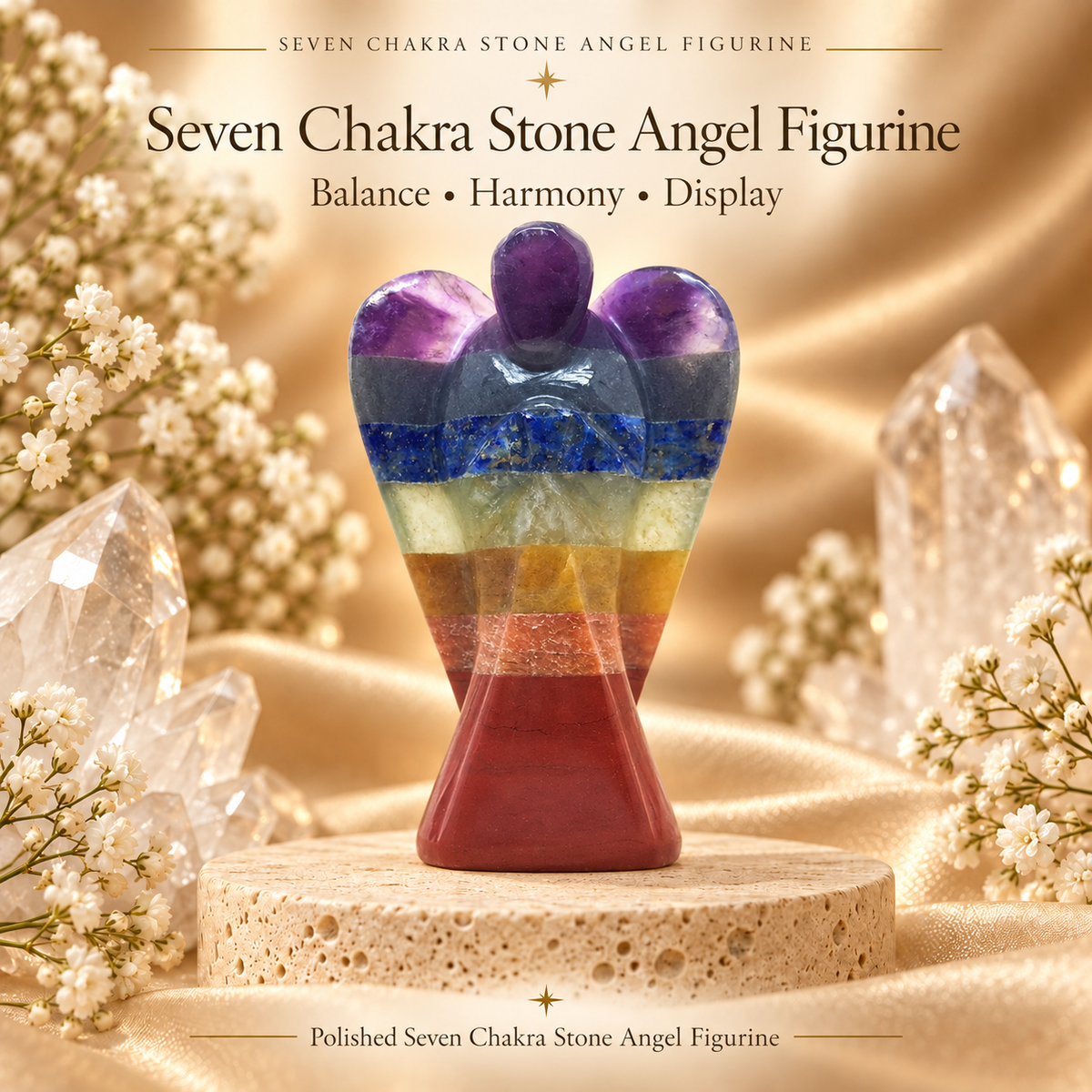Seven Chakra Stone Angel Figurine for Energy Balance, Healing, and Protection