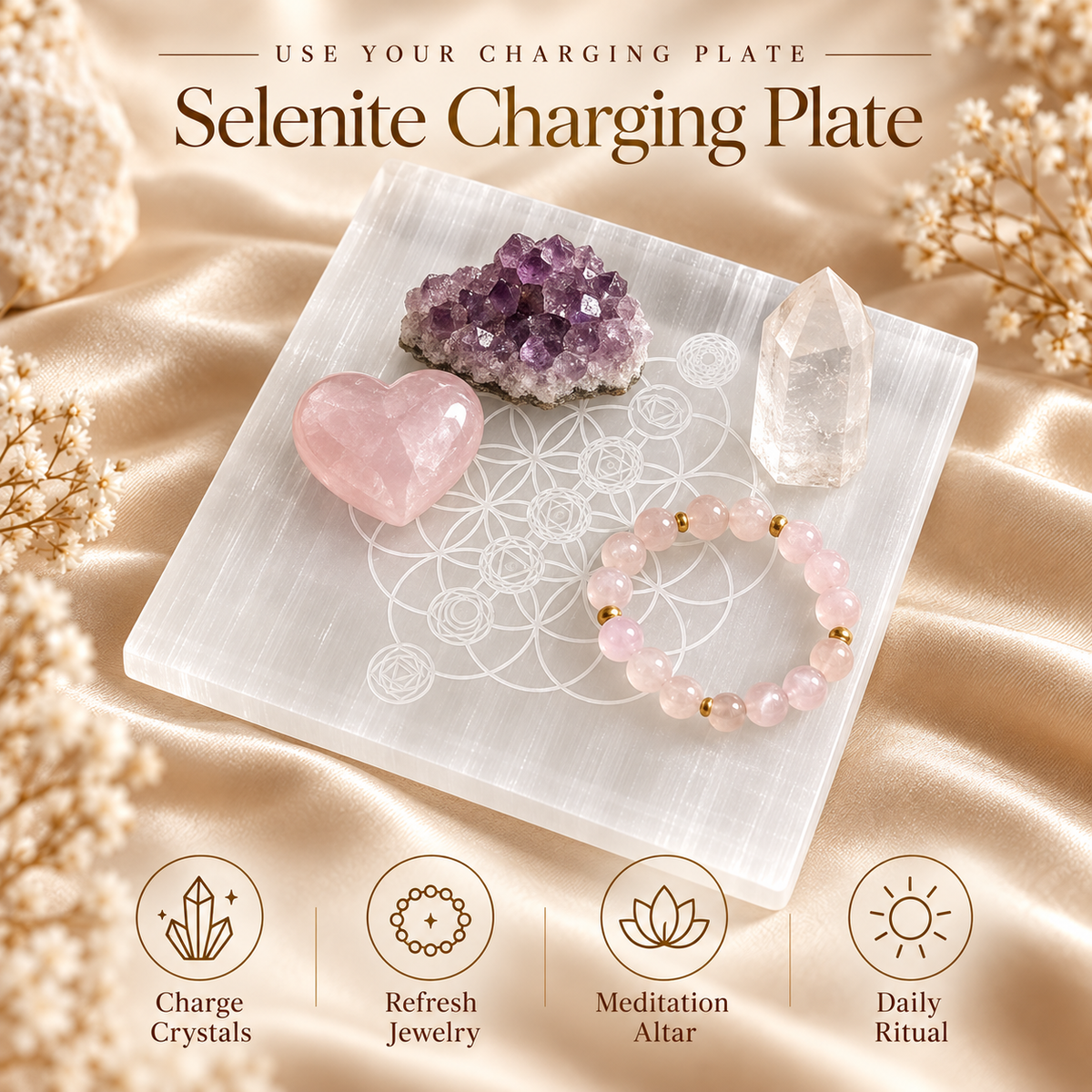 Selenite Charging Plate with Flower of Life Design