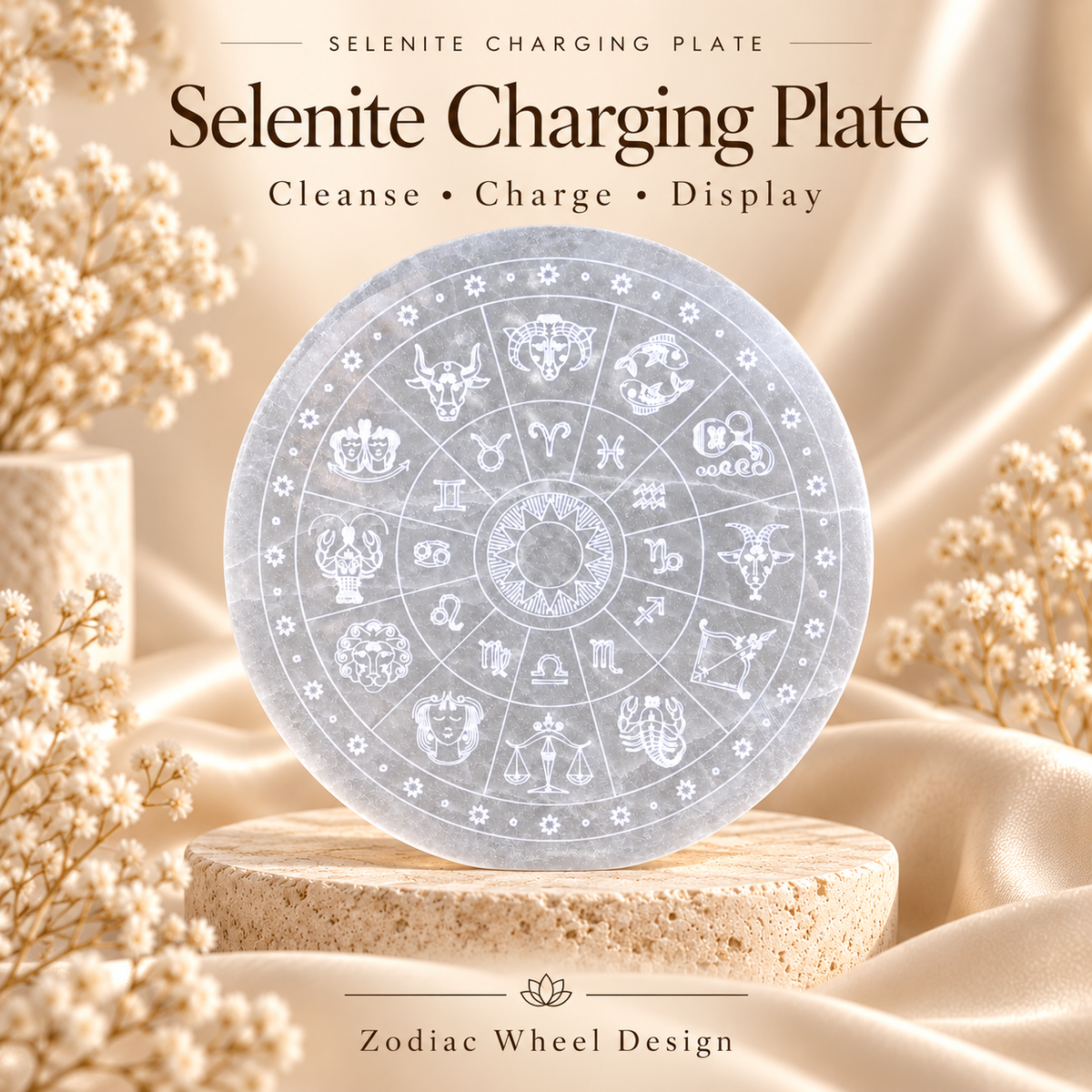 Selenite Charging Plate with Zodiac Wheel Design