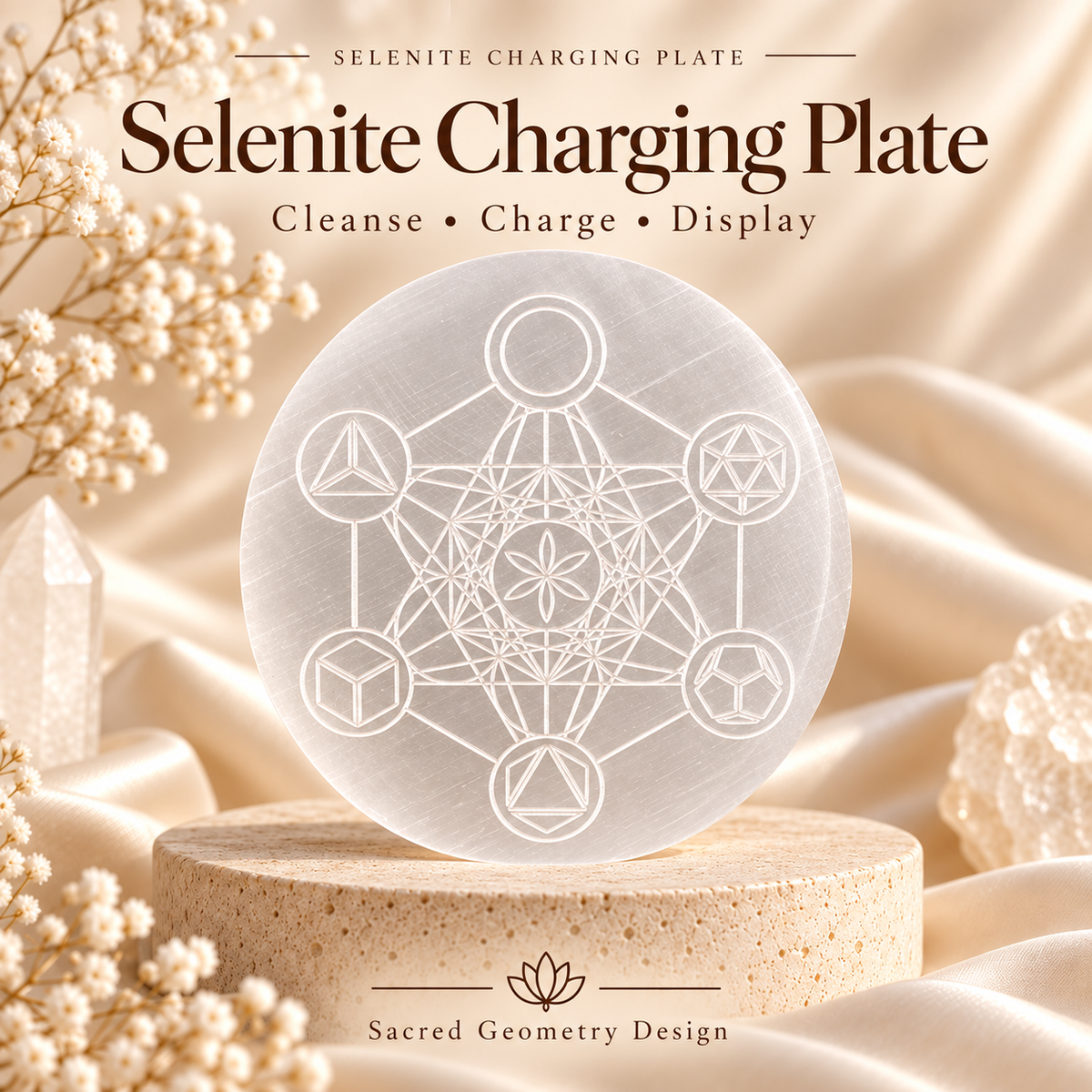 Selenite Charging Plate with Sacred Geometry Design