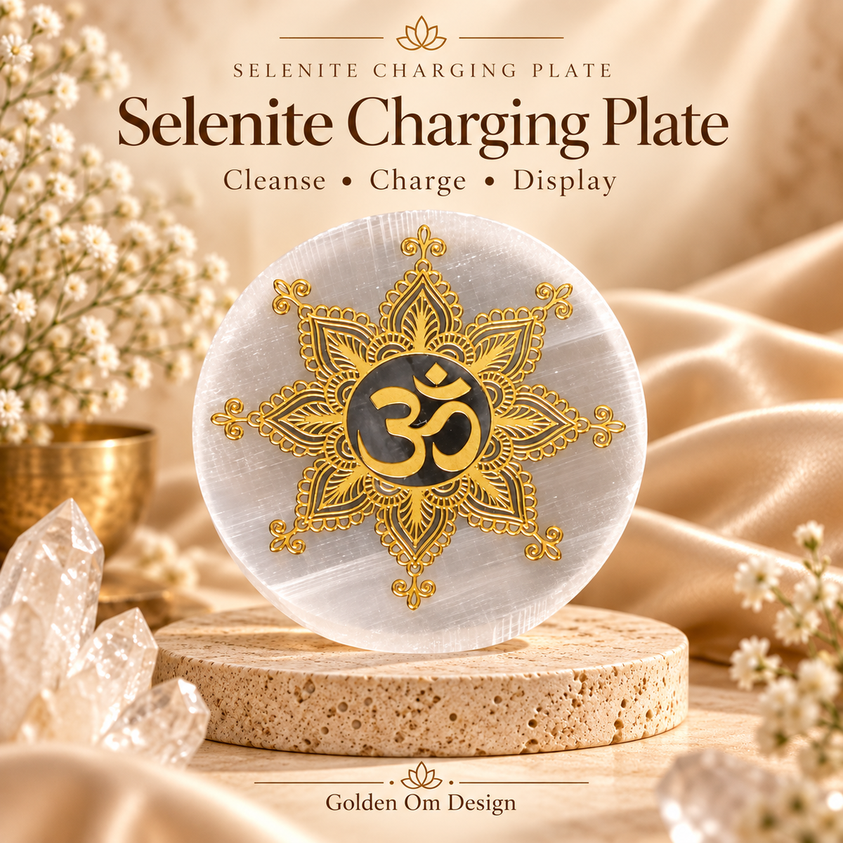 Selenite Charging Plate with Golden Om Design