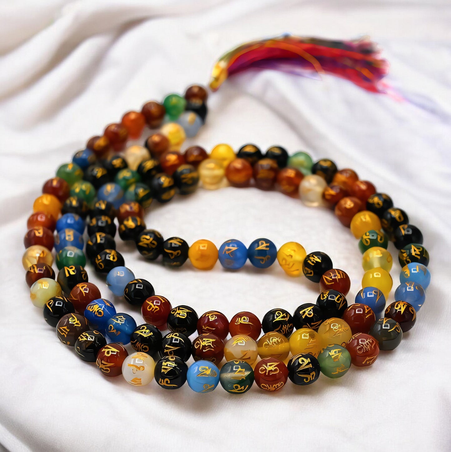 Multi Color Om Padme Hum Agate Gemstone 108 Bead Jap Mala Necklace