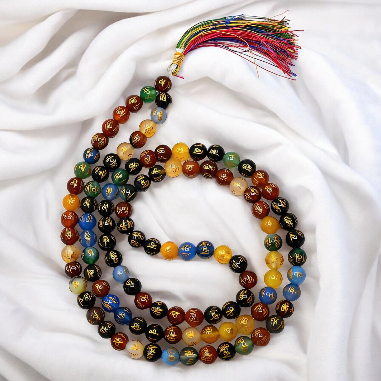 Multi Color Om Padme Hum Agate Gemstone 108 Bead Jap Mala Necklace
