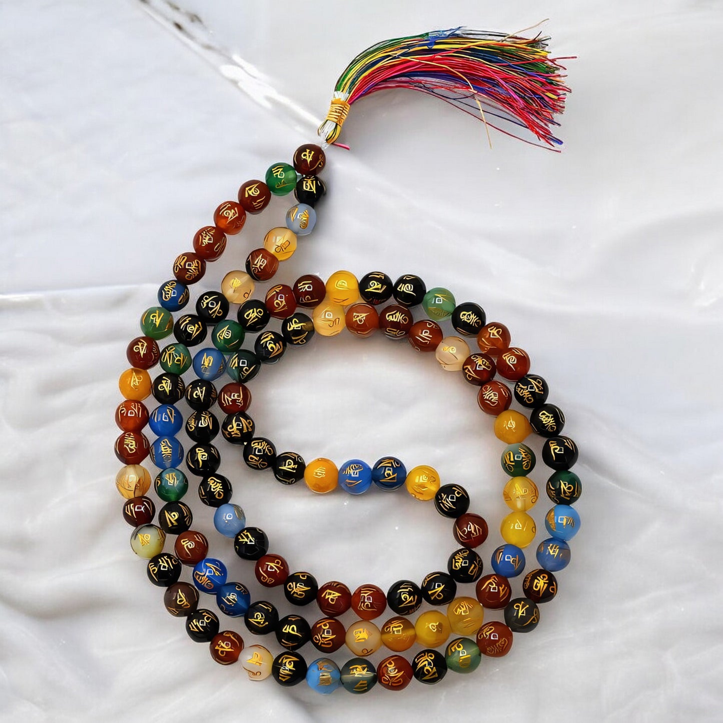 Multi Color Om Padme Hum Agate Gemstone 108 Bead Jap Mala Necklace