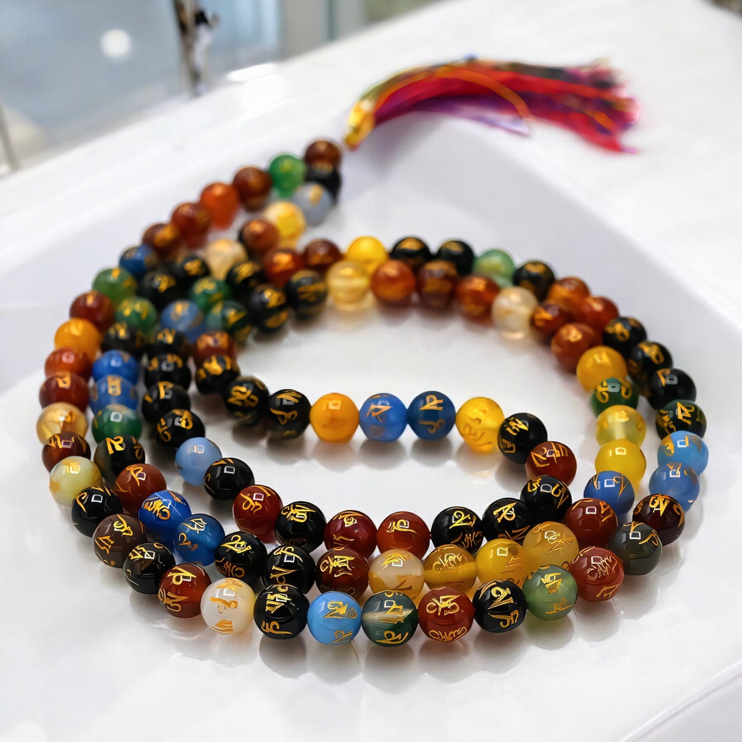 Multi Color Om Padme Hum Agate Gemstone 108 Bead Jap Mala Necklace
