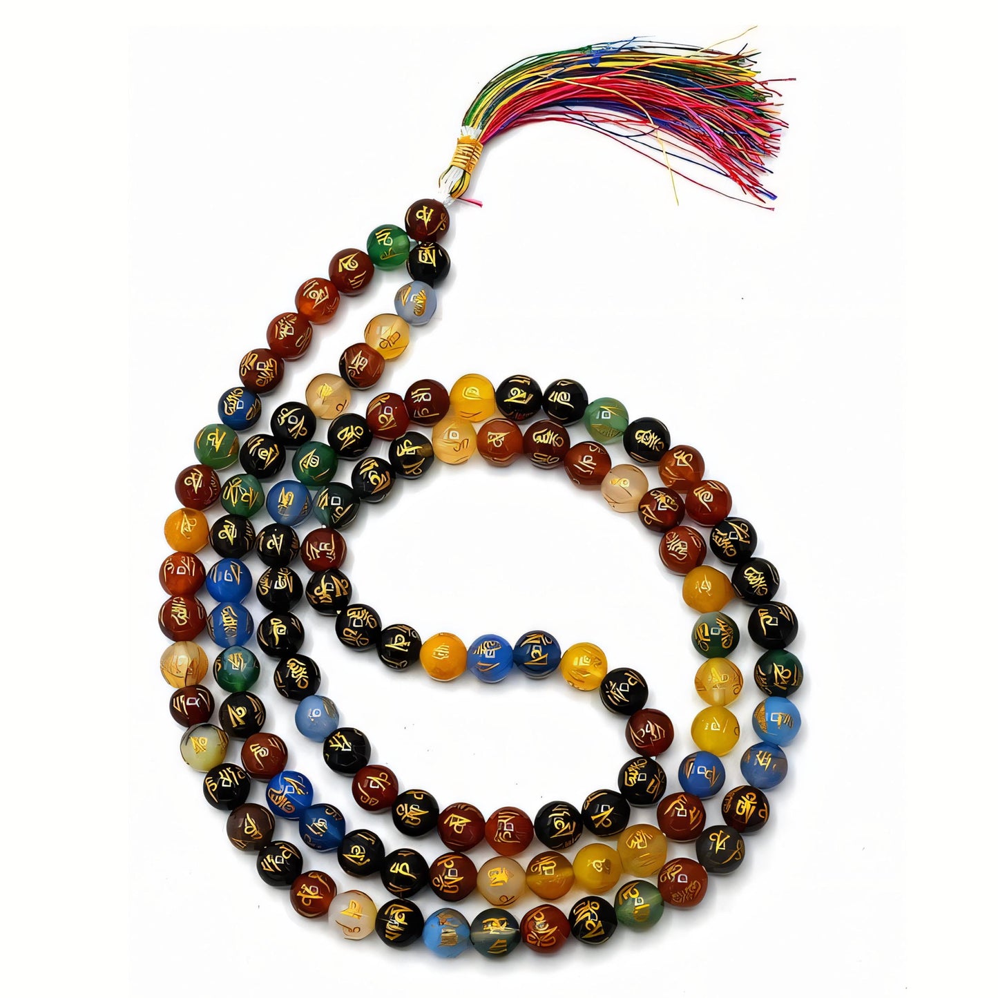 Multi Color Om Padme Hum Agate Gemstone 108 Bead Jap Mala Necklace
