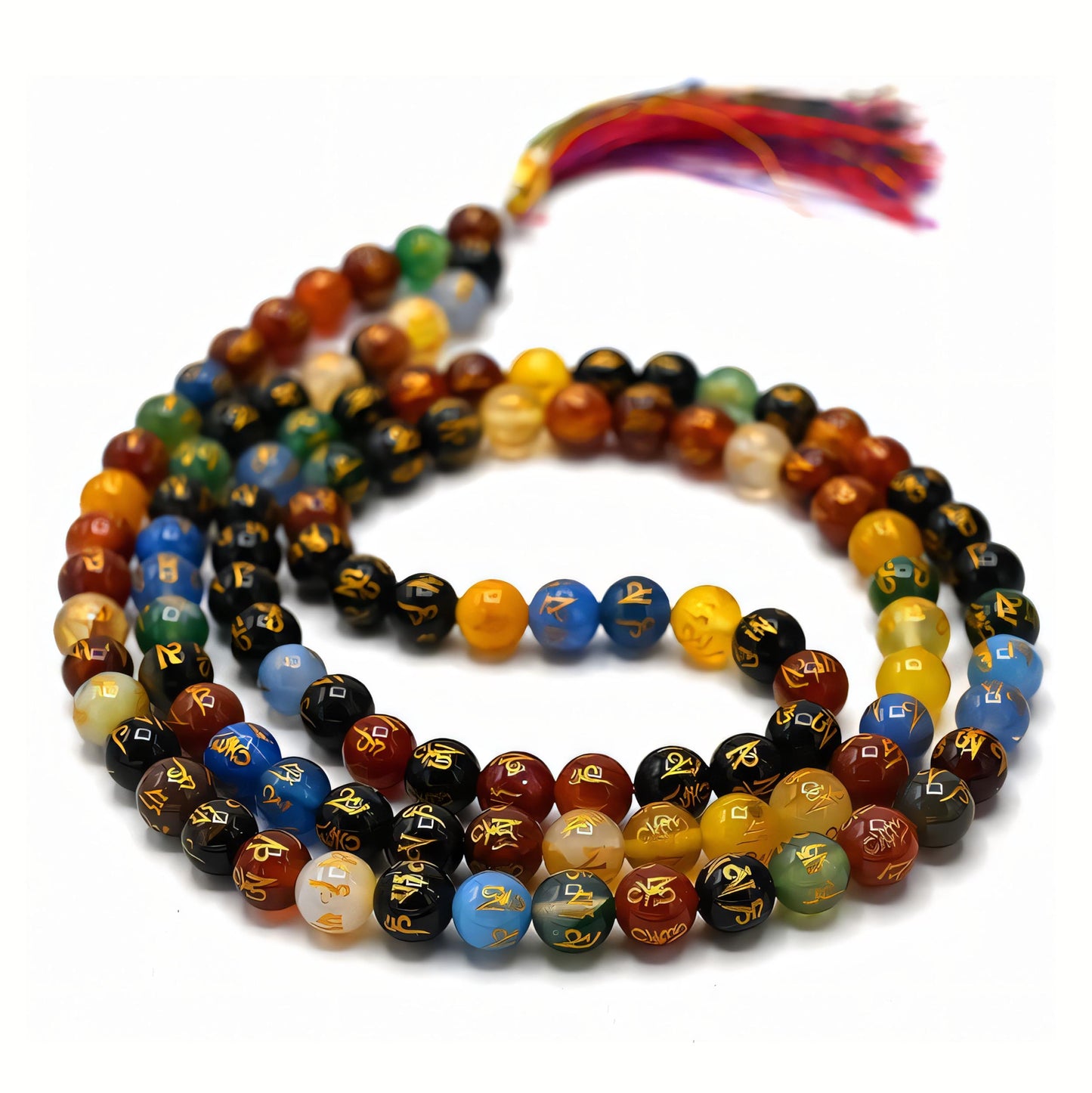 Multi Color Om Padme Hum Agate Gemstone 108 Bead Jap Mala Necklace