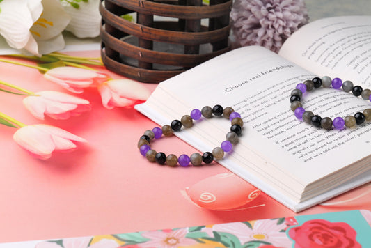 Triple Protection Crystal Bracelet – Labradorite, Amethyst & Black Onyx