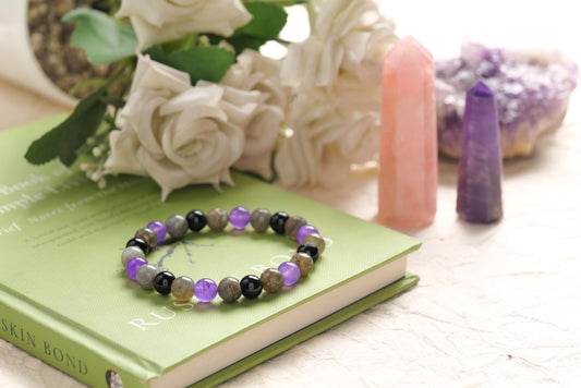 Triple Protection Crystal Bracelet – Labradorite, Amethyst & Black Onyx