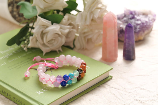 Rose Quartz & Seven Chakra Healing Crystal Stone Bracelet – Love & Balance