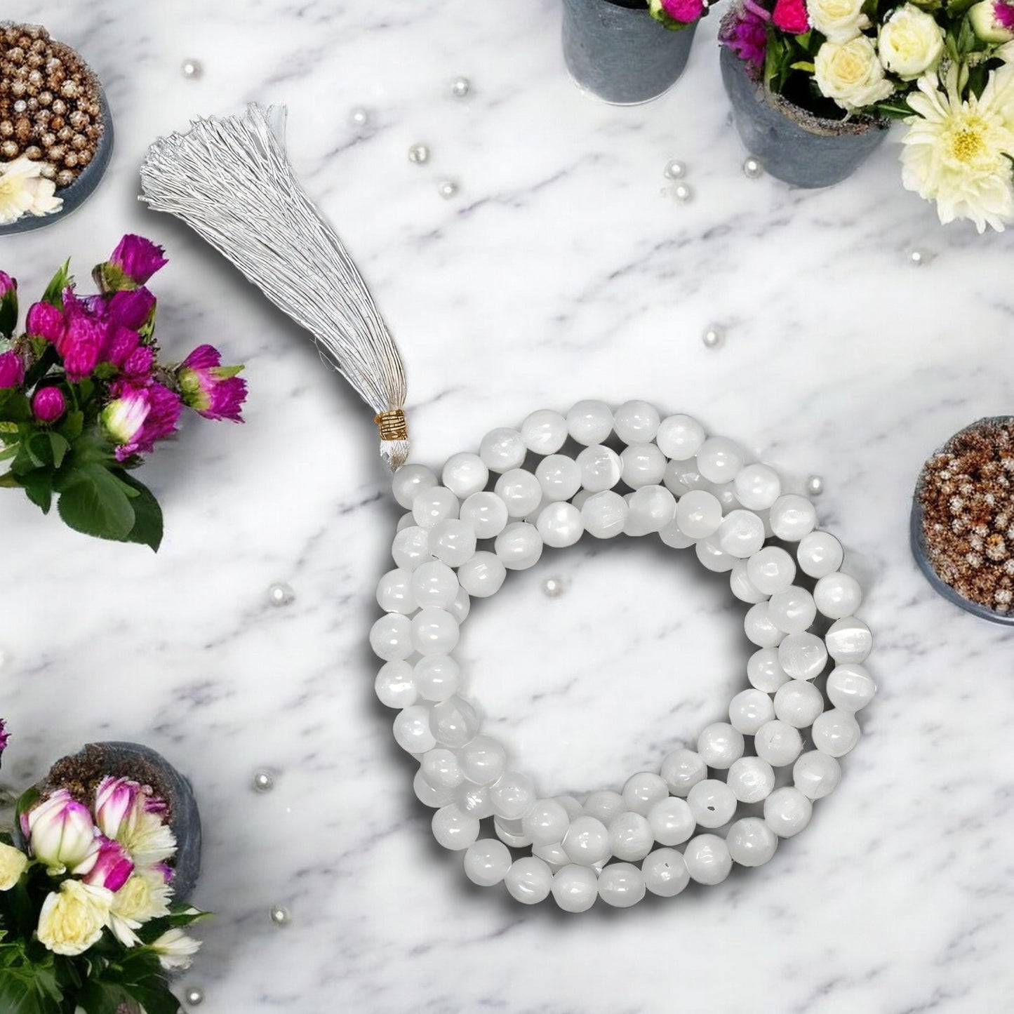 Natural Selenite Jap Mala Necklace
