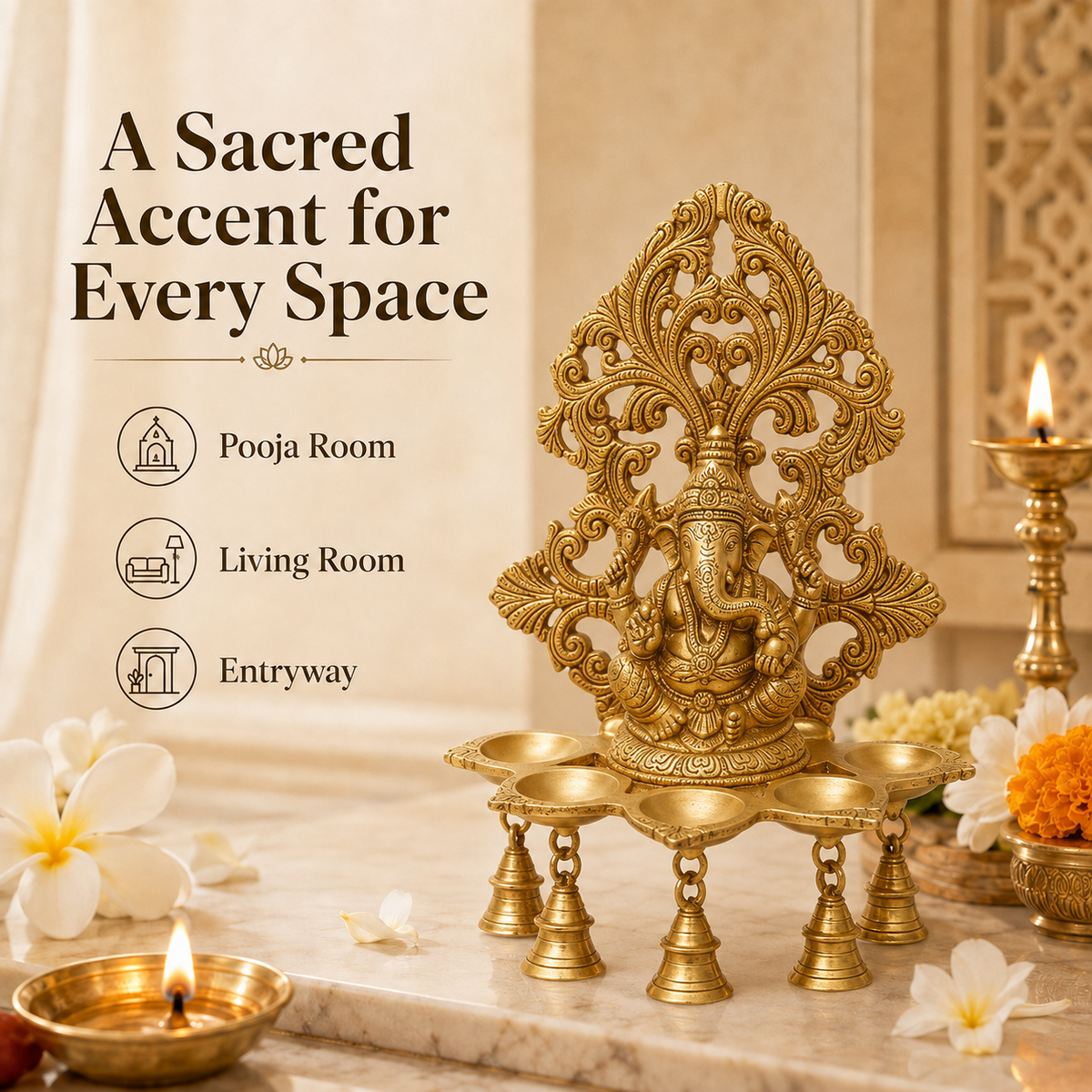 Handcrafted Brass Ganesha Diya with Hanging Bells