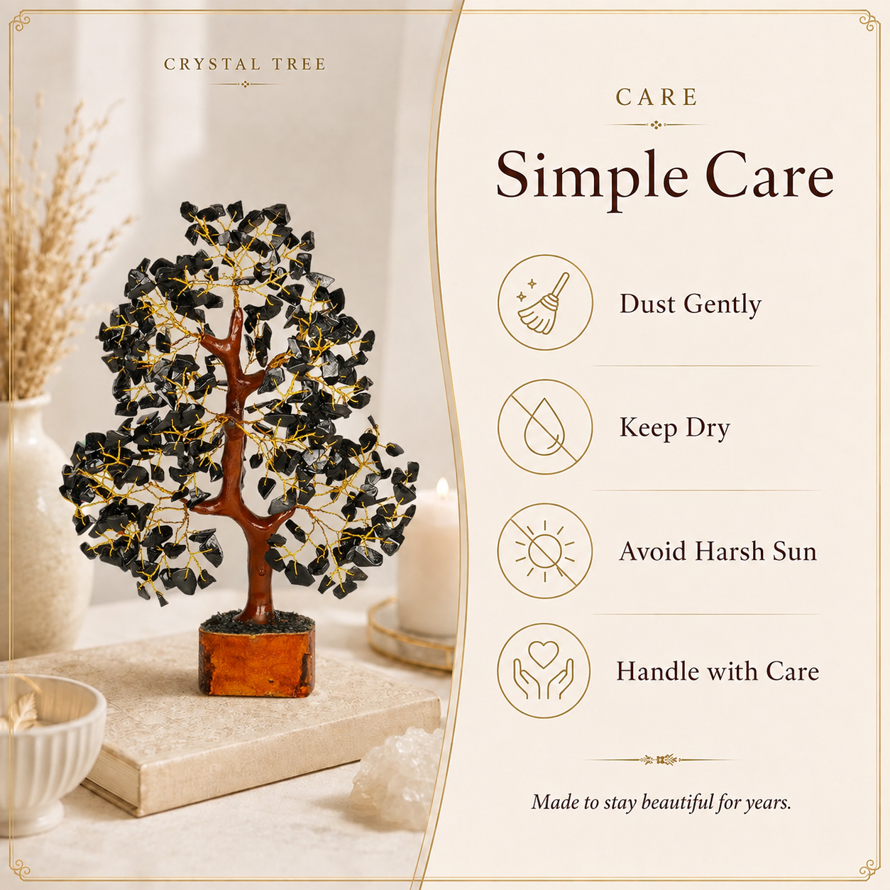 Black Tourmaline Wooden Tree With Golden Wire