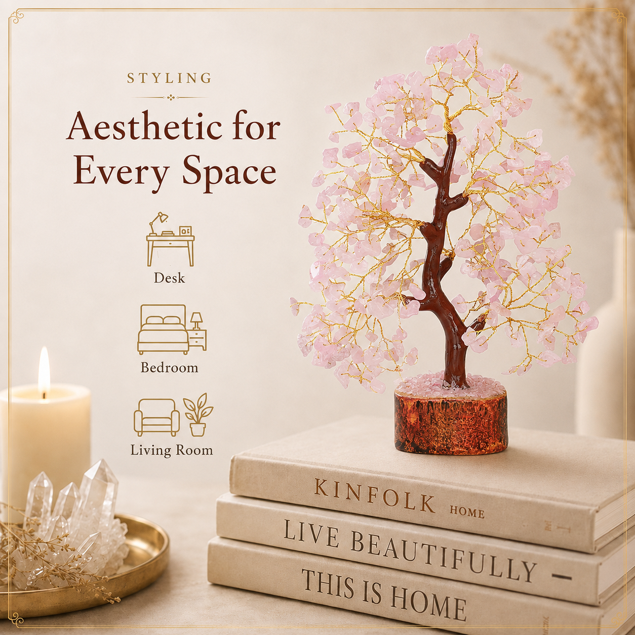 Buy Rose Quartz Crystal Tree with Golden Wire
