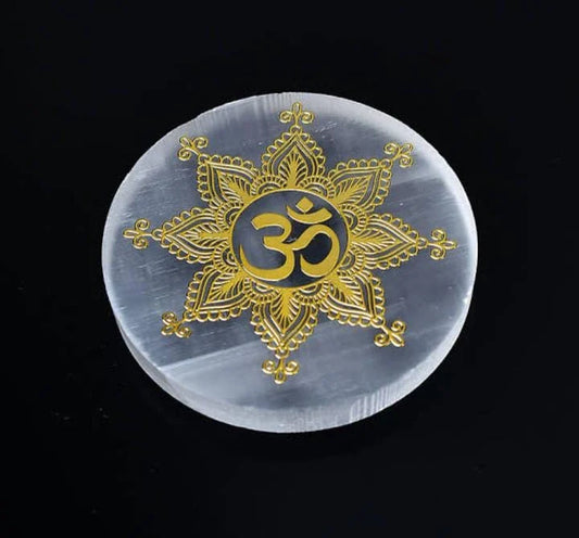 Selenite Charging Plate with Golden OM Symbol