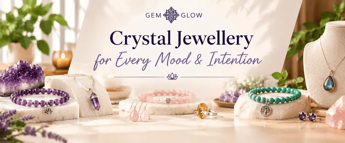 Crystal jewellery featuring Amethyst, Rose Quartz, Citrine, and natural gemstone bracelets, necklaces, earrings, and rings for everyday wear.