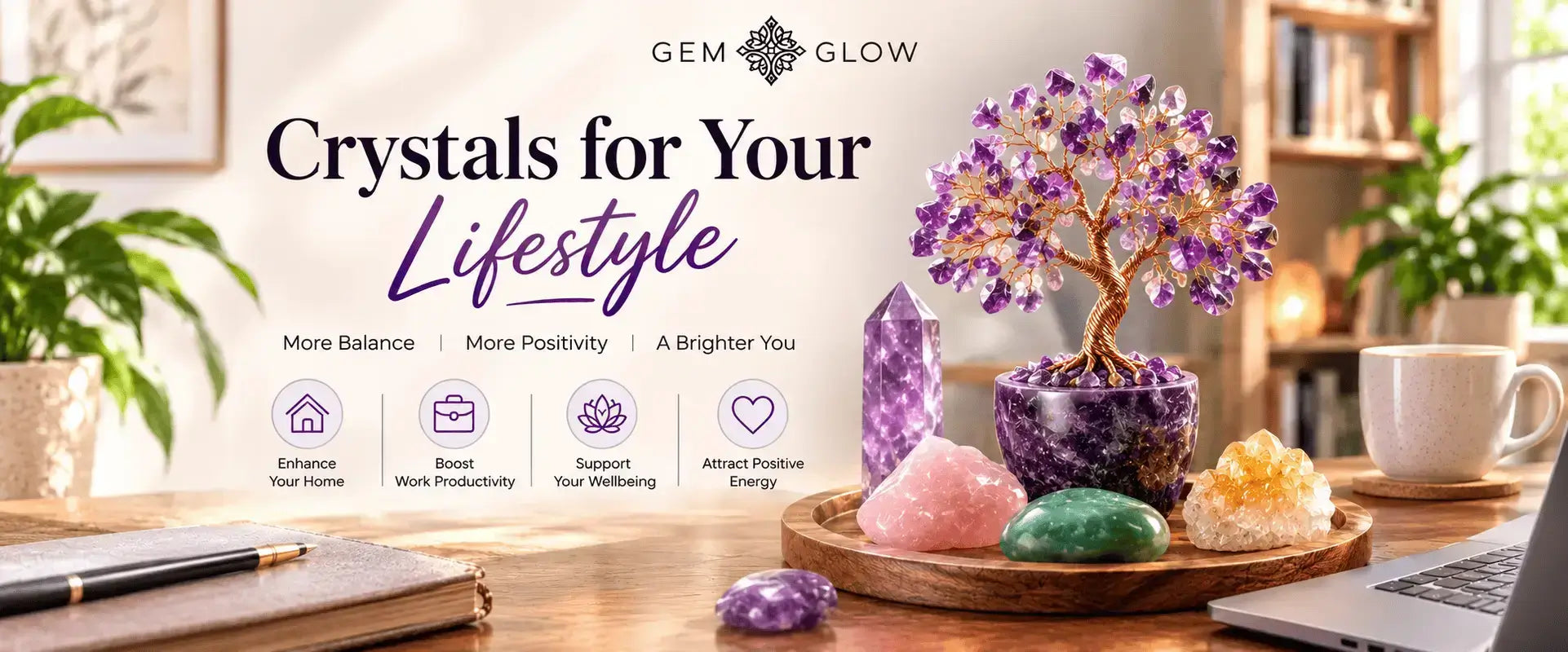 Crystals for your lifestyle with amethyst crystal tree, healing crystals, and gemstones for home and wellbeing