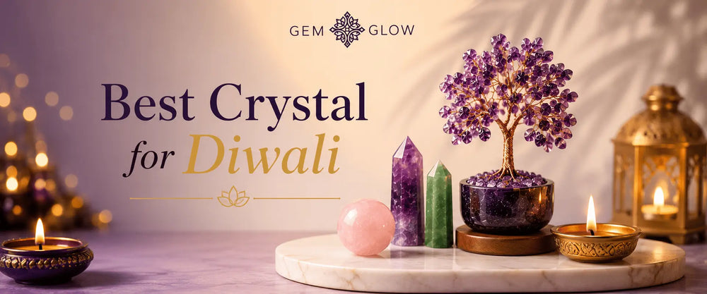 Best crystals for Diwali with a purple crystal tree, crystal towers, and decorative crystals displayed with traditional diyas.