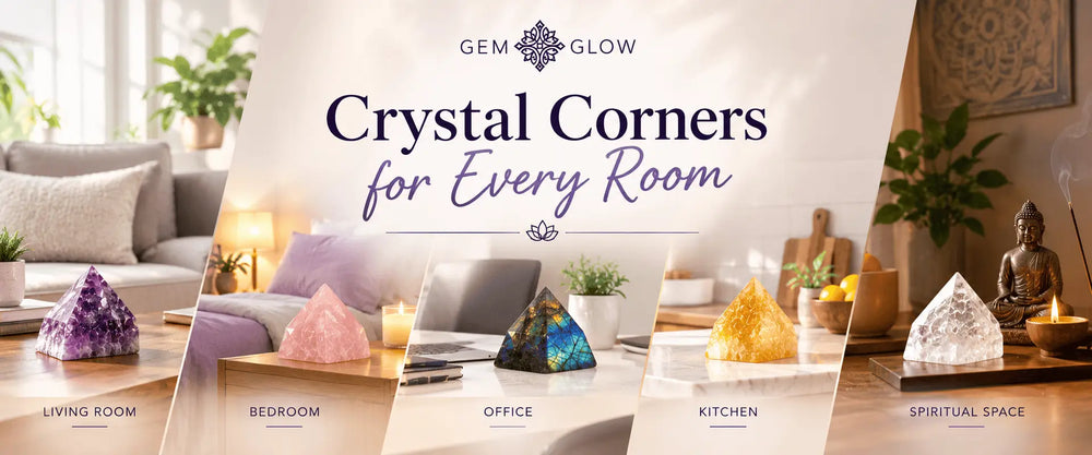 Crystal corners for every room, featuring crystals for the living room, bedroom, home office, kitchen, and spiritual space.