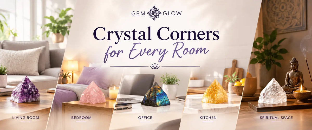 Crystal corners for every room, featuring crystals for the living room, bedroom, home office, kitchen, and spiritual space.