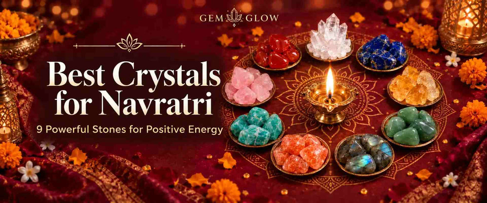 GemGlow Navratri banner featuring nine colorful healing crystals arranged around a glowing brass diya with festive flowers and decorations