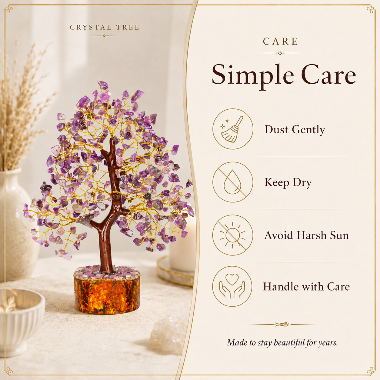Amethyst Crystal Wooden Tree With Golden Wire
