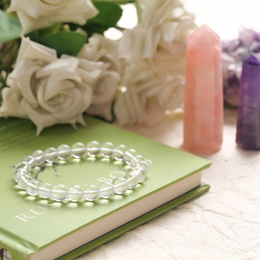 Clear Quartz Crystal Bracelet (Bead Size: 8mm, Length: 6-7 Inch)