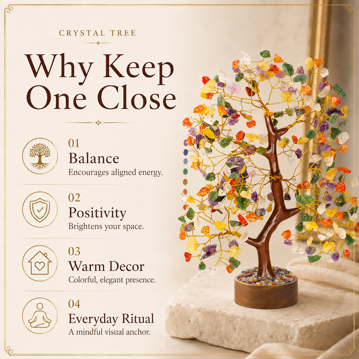 Mix Chakra Crystal Wooden Tree with Golden Wire