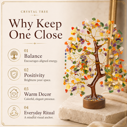 Mix Chakra Crystal Wooden Tree with Golden Wire