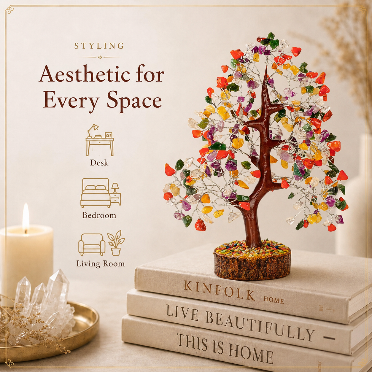 Mix Chakra Crystal Wooden Tree With Silver Wire