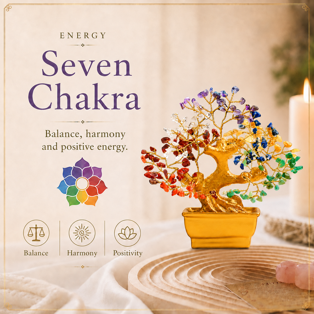 Bonzai Seven Chakra Crystal Tree With Natural Stones & Golden Wire