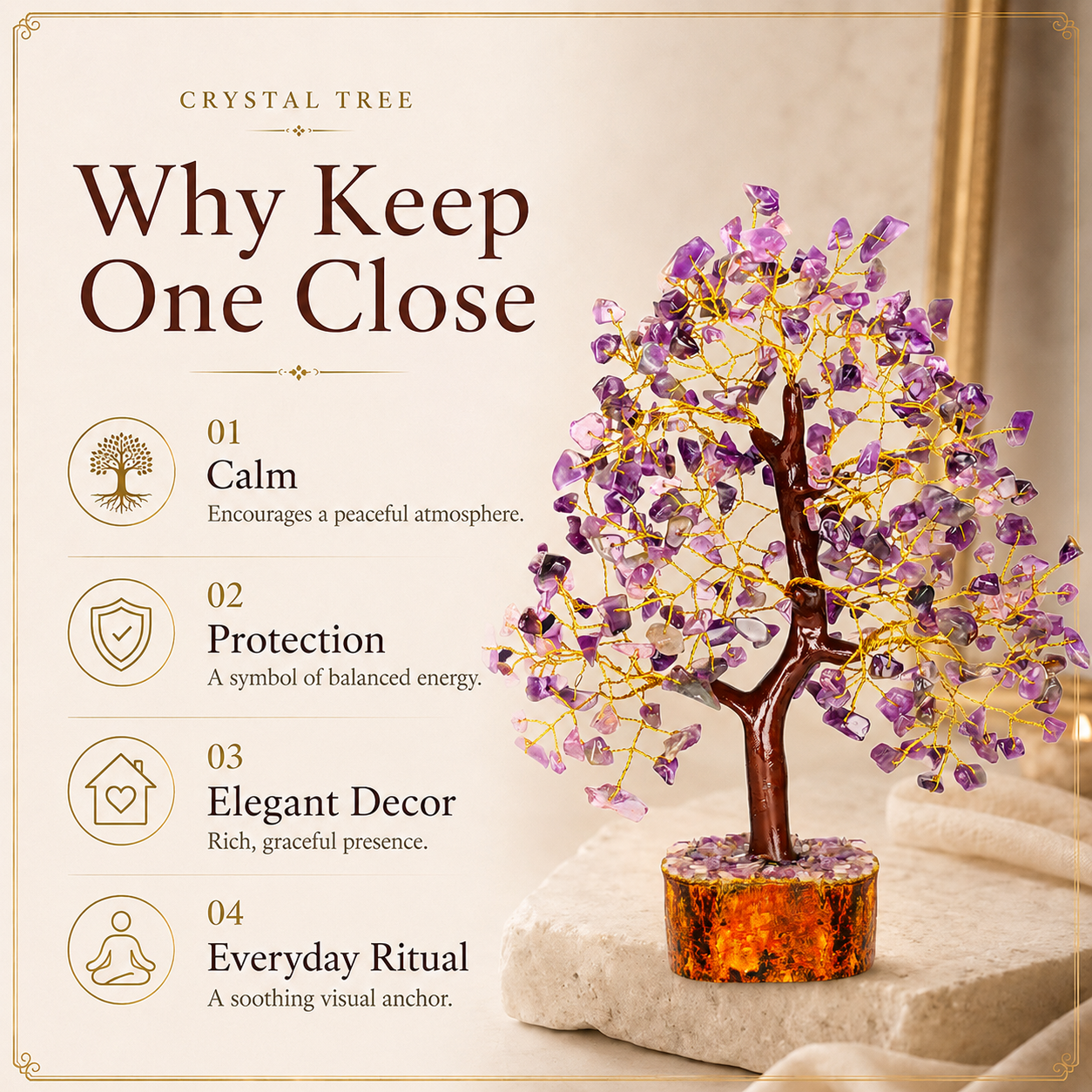 Amethyst Crystal Wooden Tree With Golden Wire