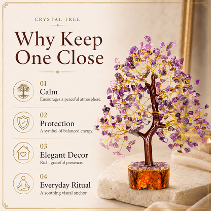 Amethyst Crystal Wooden Tree With Golden Wire