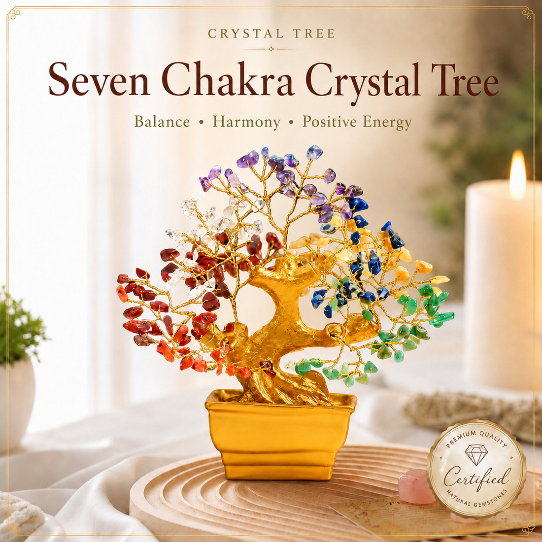 Bonzai Seven Chakra Crystal Tree With Natural Stones & Golden Wire