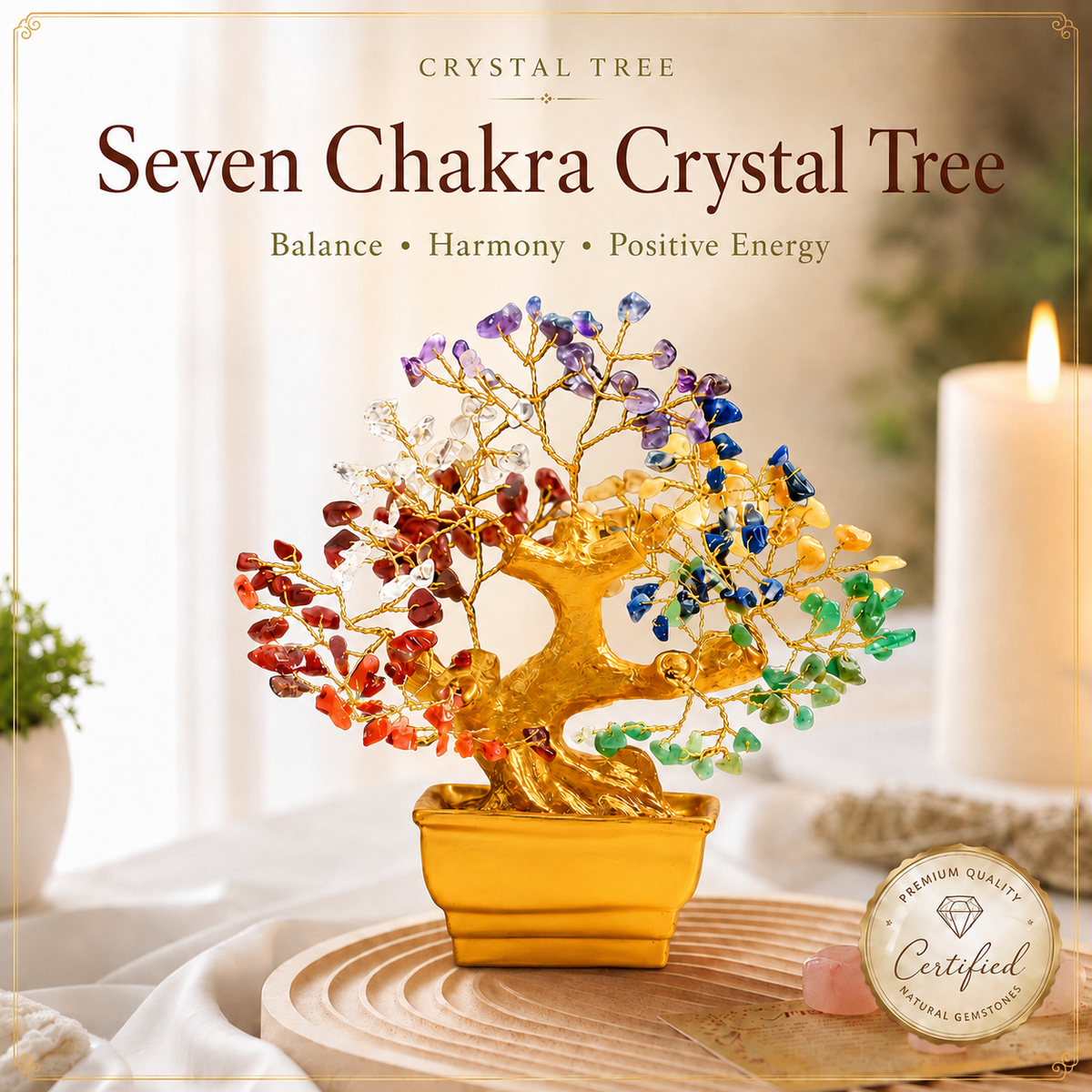 Bonzai Seven Chakra Crystal Tree With Natural Stones & Golden Wire