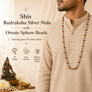 Shiv Rudraksha Silver Mala with Ornate Sphere Beads