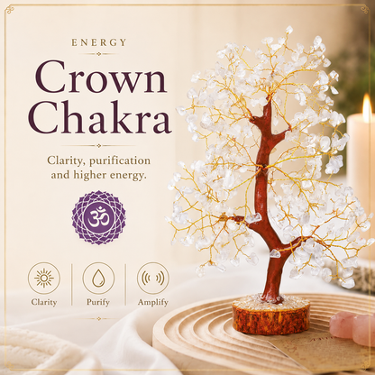 Buy Clear Quartz Crystal Wooden Tree With Golden Wire