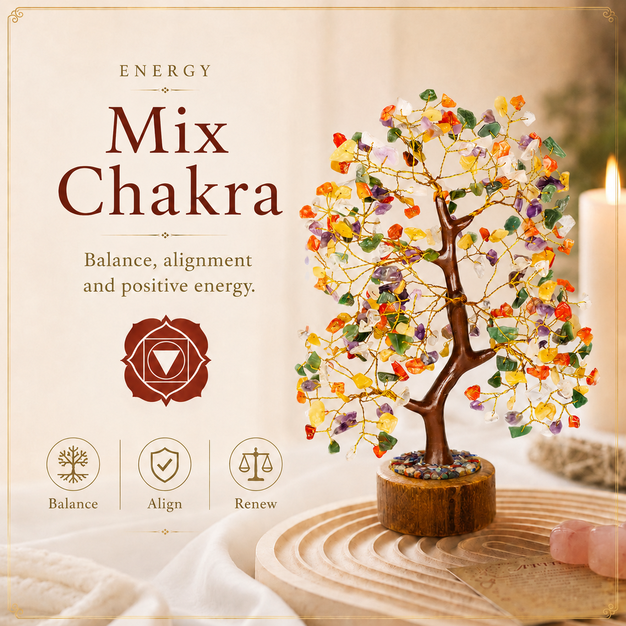 Mix Chakra Crystal Wooden Tree with Golden Wire