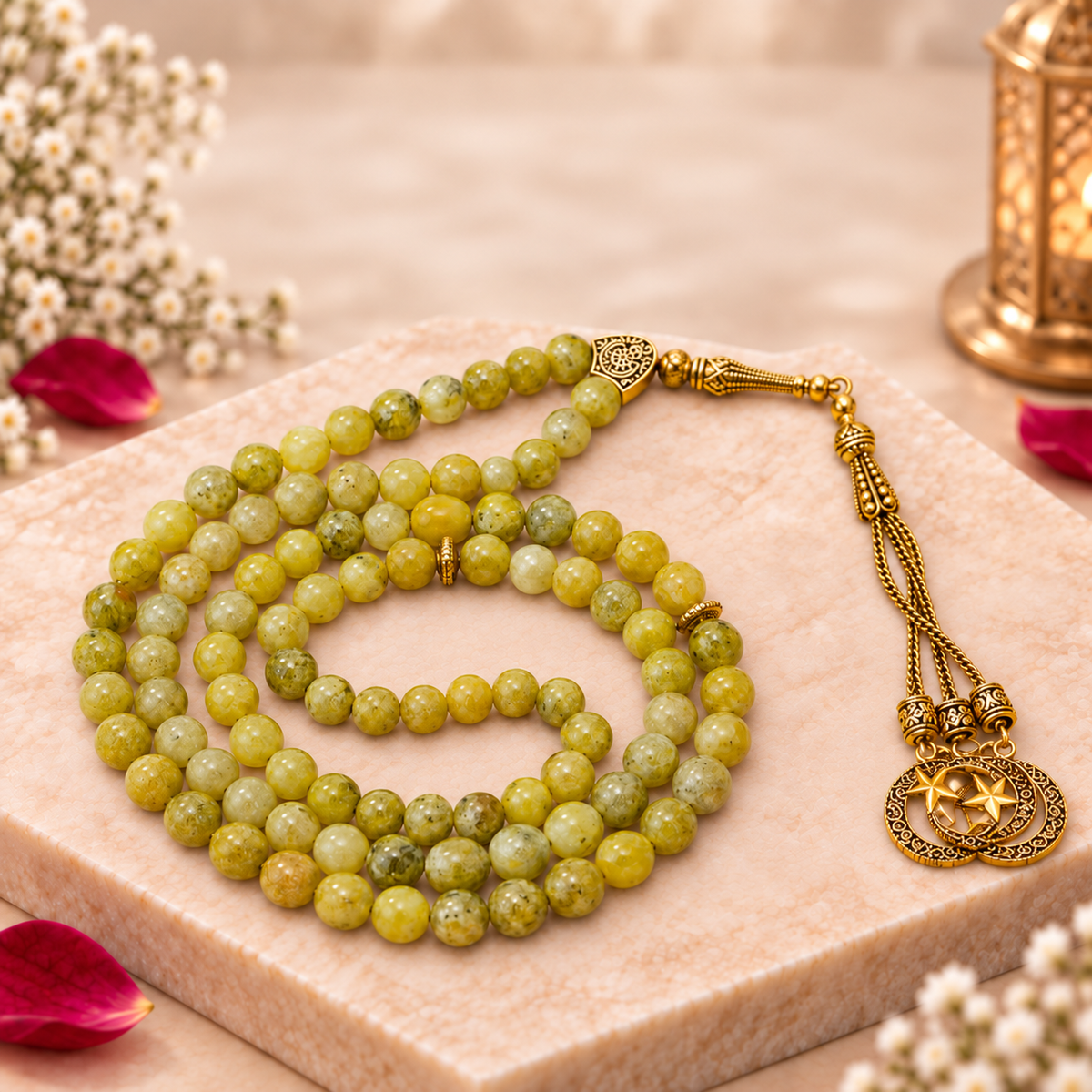 Yellow Serpentine Gemstone Crystal Tasbeeh