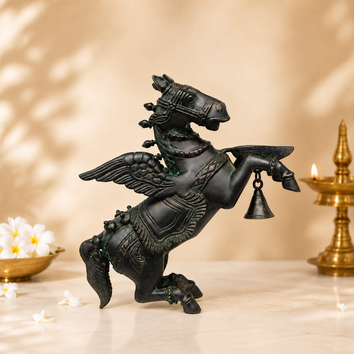 Handcrafted Brass Winged Horse Idol with Hanging Bell