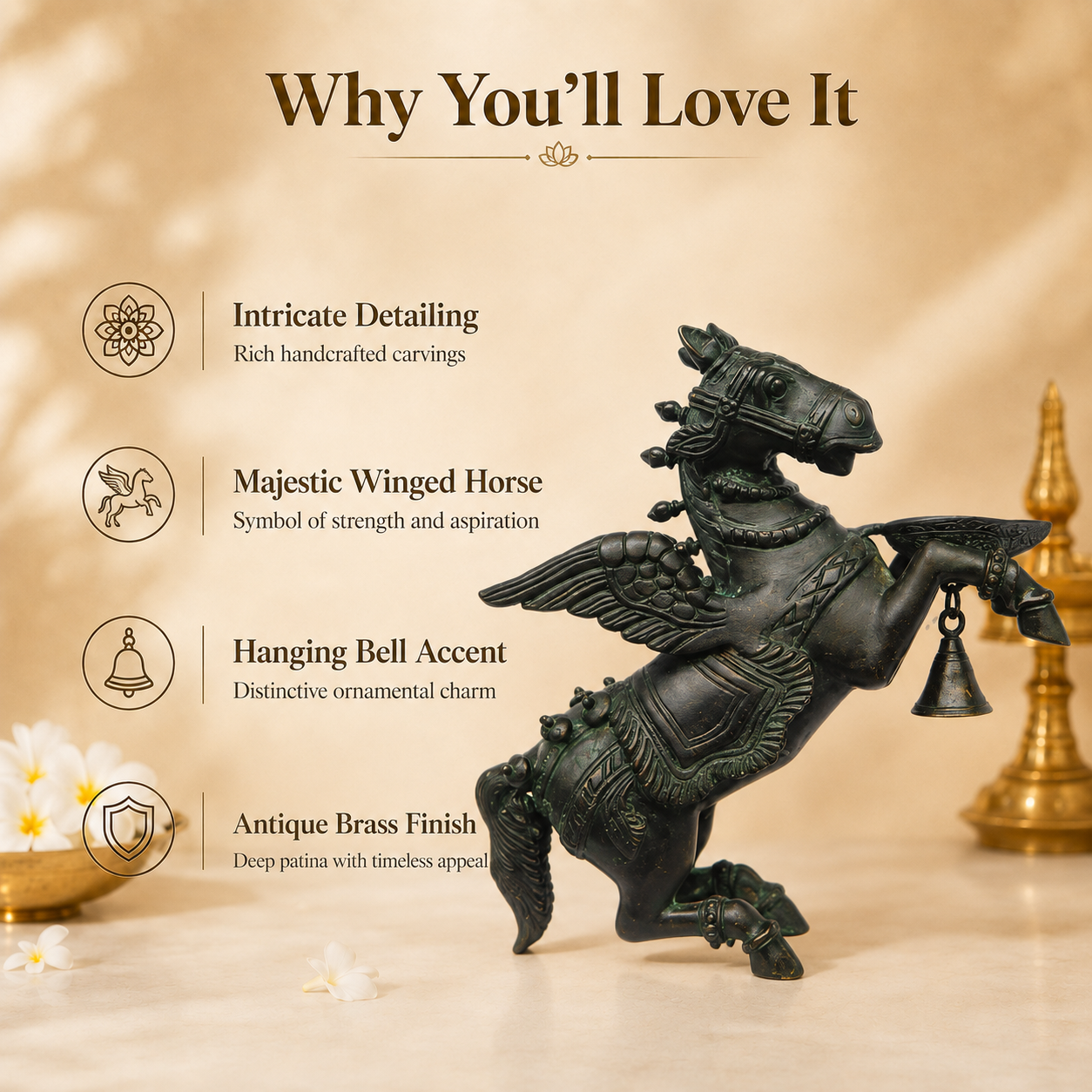 Handcrafted Brass Winged Horse Idol with Hanging Bell