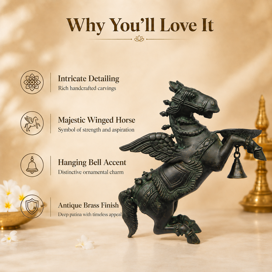 Handcrafted Brass Winged Horse Idol with Hanging Bell