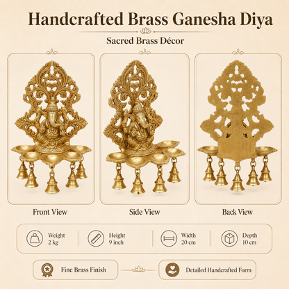 Handcrafted Brass Ganesha Diya with Hanging Bells