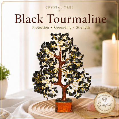 Black Tourmaline Wooden Tree With Golden Wire